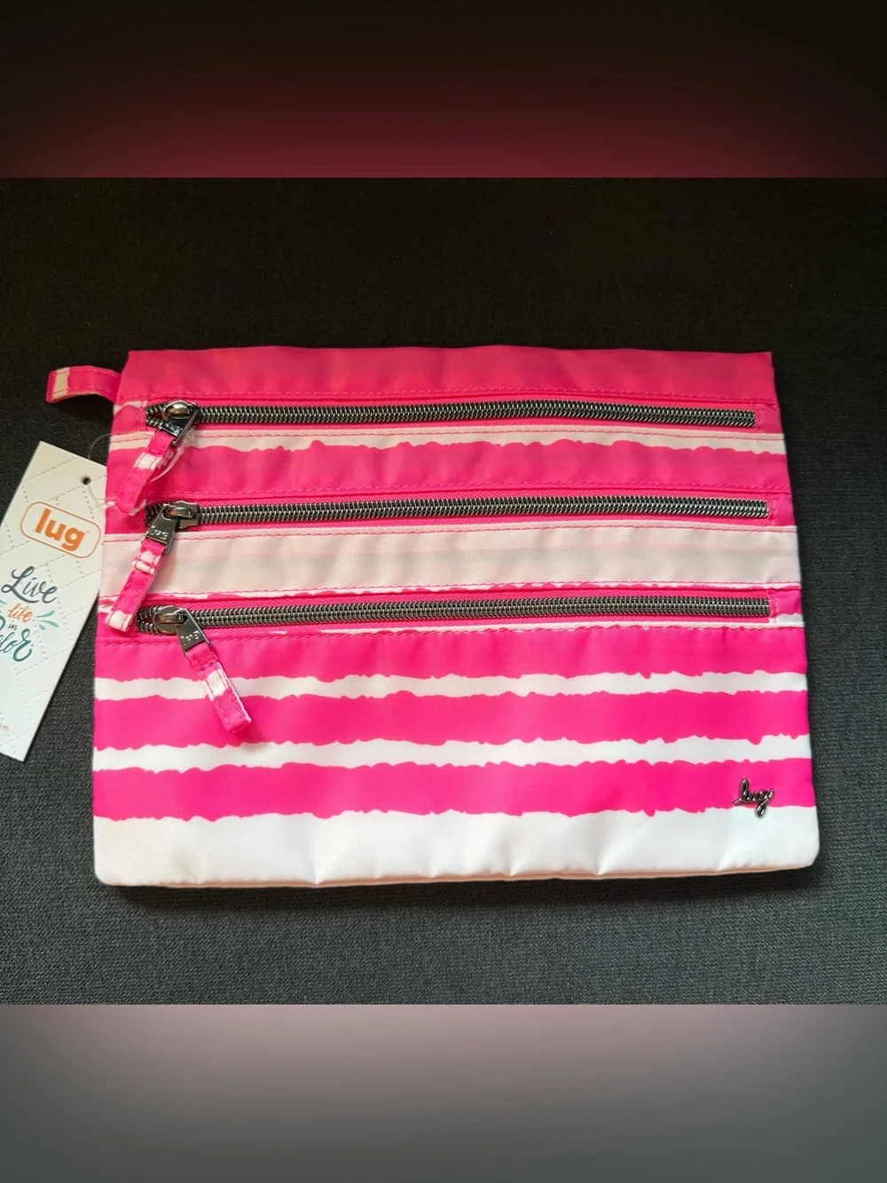 Lug Kickline Triple Zip Storage Pouch Cosmetic Bag Magenta Stripe Hot Neon Pink